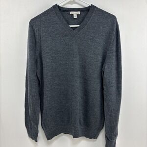 Gap Mens L 100% Extra‎ Fine Merino Wool Sweater Gray VNeck Old Money Academia